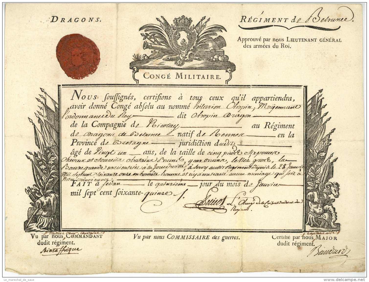 DRAGONS &ndash; REGIMENT DE BELSUNCE - Sedan 1775 - De SAINT-AFFRIQUE - Chopin Rennes Bretagne - Historical Documents