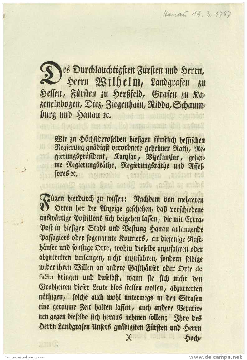POSTKUTSCHEN - HANAU, 19. März 1787. &ndash; TRÜMBACH, NN. Von. Patent - Documents Historiques