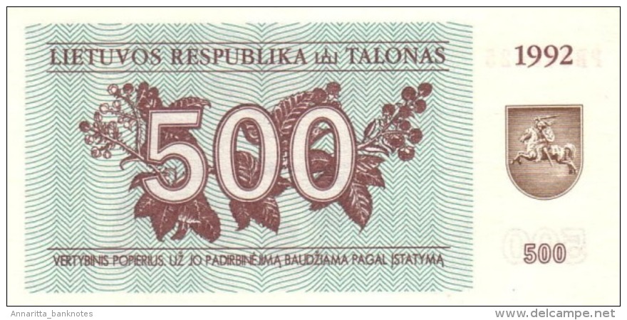 LITHUANIA 500 TALONAS 1992 P-44 UNC [LT155a] - Lituanie