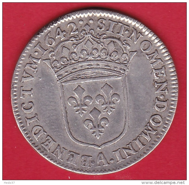 France Louis XIII - 1/4 Ecu 1642A - Argent - TTB - 1610-1643 Louis XIII Le Juste