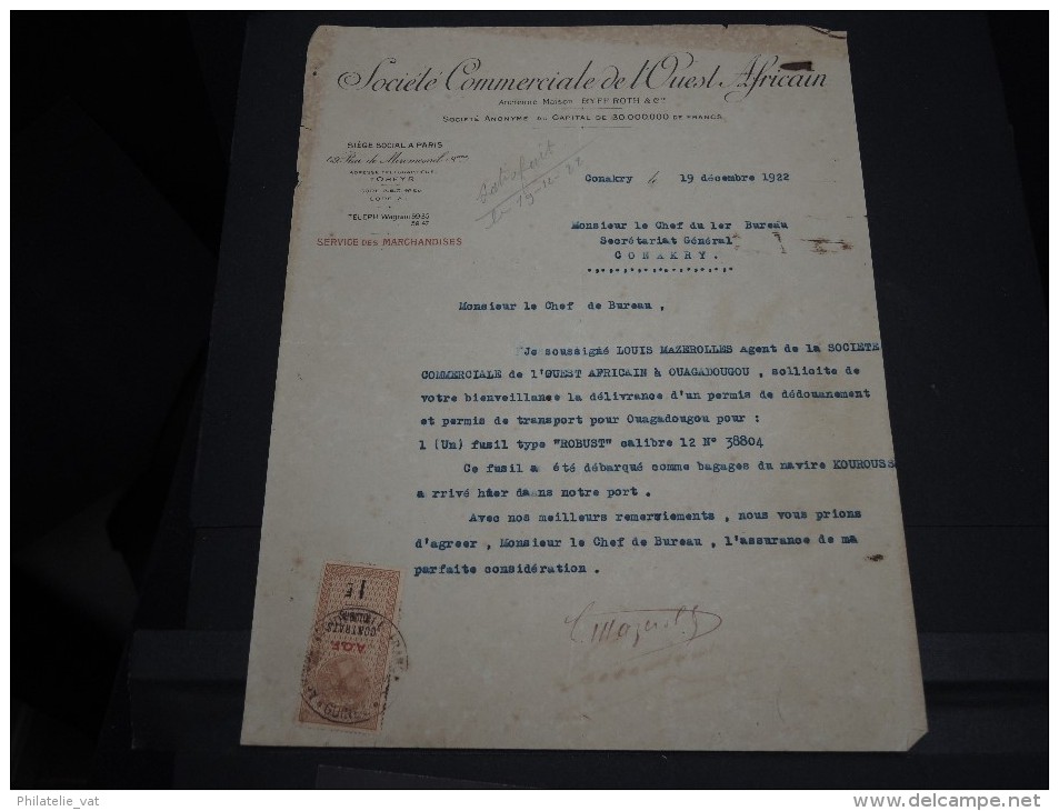 GUINEE FRANCAISE - Timbre Fiscal Sur Document - Trés Rare Pour Cette Ancienne Colonie Française - A Voir - Lot N°16432 - Lettres & Documents