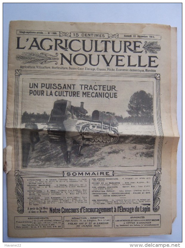 L'AGRICULTURE NOUVELLE 1917 "un Puissant Tracteur Pour La Culture Mécanique"  Journal  16 Pages Avec PUB - 1900 - 1949