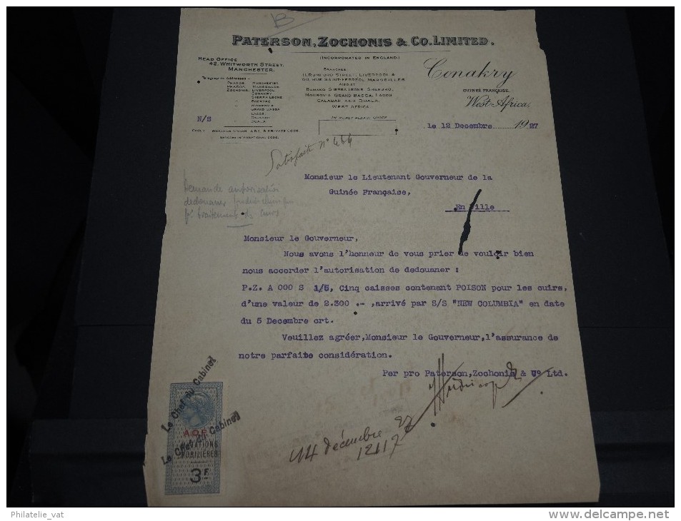 GUINEE FRANCAISE - Timbre Fiscal Sur Document - Trés Rare Pour Cette Ancienne Colonie Française - A Voir - Lot N°16448 - Brieven En Documenten