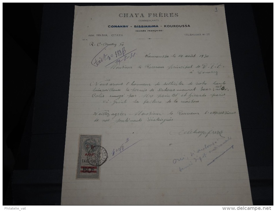 GUINEE FRANCAISE - Timbre Fiscal Sur Document - Trés Rare Pour Cette Ancienne Colonie Française - A Voir - Lot N°16449 - Lettres & Documents