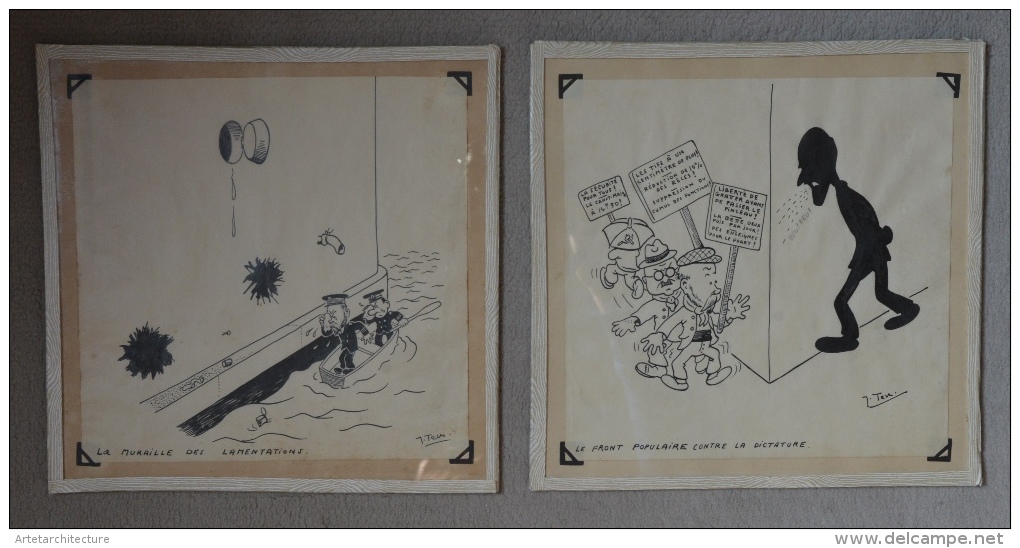 Deux Dessins Originaux, Signés En Bas à Droite. Dessins Satiriques Mettant En Scène Des Officiers De La Marine Française - Planches Et Dessins - Originaux