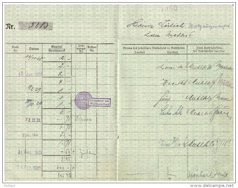 Sparbuch Sparkasse , Zella-Mehlis 1928-46 , Heinz Zülich , Werkzeugmacher !!!! - Zella-Mehlis