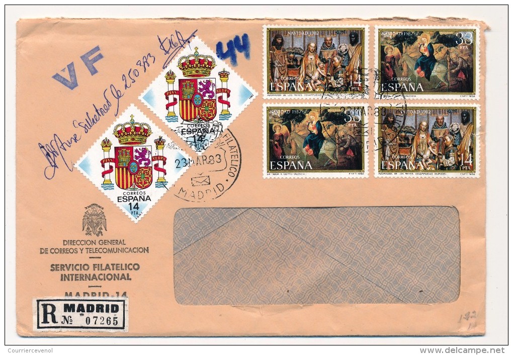 ESPAGNE - 2 Enveloppes Chargées Affranchissements Composés 1983 Et 1987, Service Phil Madrid + 1 En Franchise 1986 - Storia Postale