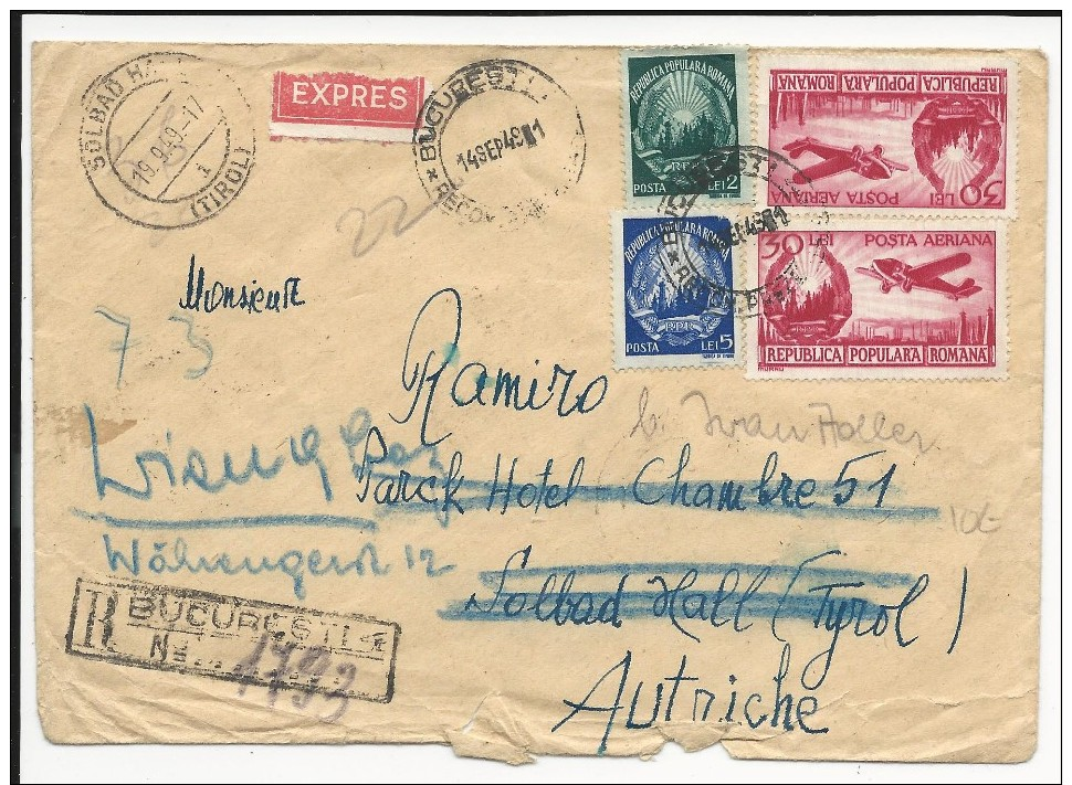 ROUMANIE - 1949 - ENVELOPPE EXPRES De BUCAREST Pour SOLBALD HALL (AUTRICHE) READRESSEE - Poststempel (Marcophilie)