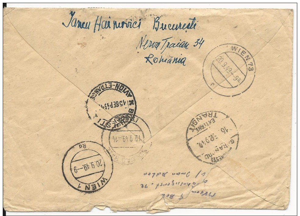 ROUMANIE - 1949 - ENVELOPPE EXPRES De BUCAREST Pour SOLBALD HALL (AUTRICHE) READRESSEE - Poststempel (Marcophilie)