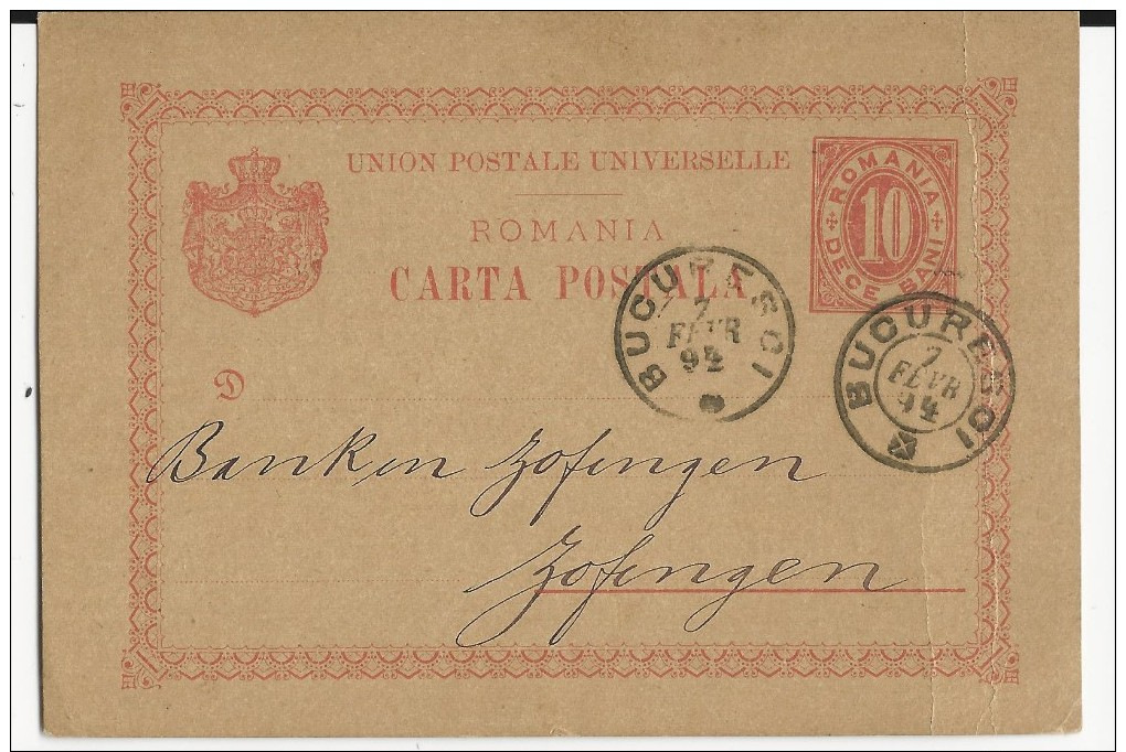 ROUMANIE - 1894 - CARTE ENTIER POSTAL Avec REPIQUAGE BANQUE DE ROUMANIE De BUCAREST Pour ZOFINGEN (SUISSE) - Ganzsachen