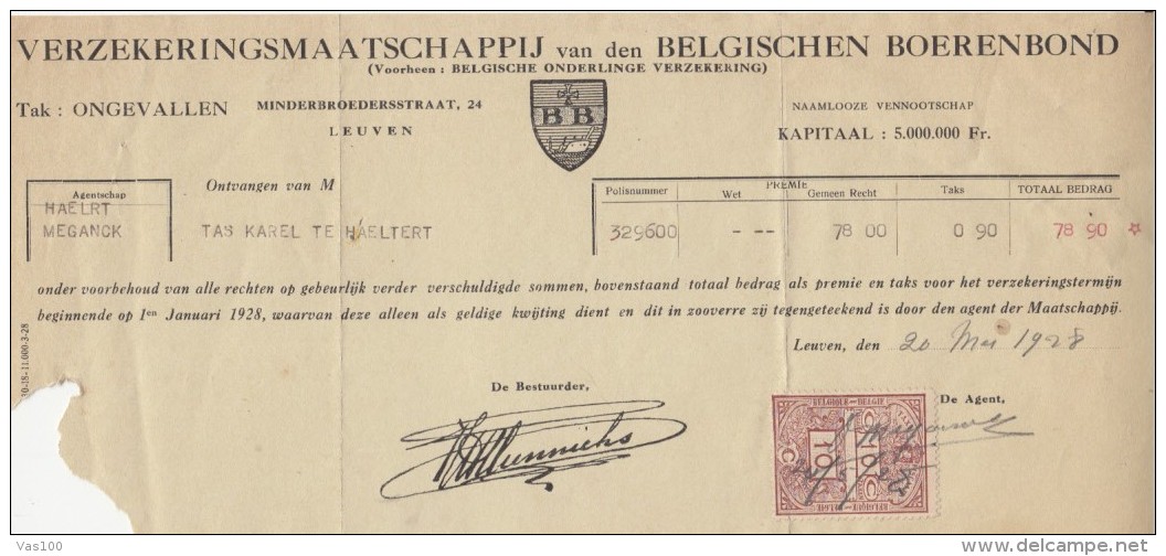 INSURANCE POLICY  FEE RECEIPT, REVENUE STAMP, 1928, BELGIUM - Banque & Assurance