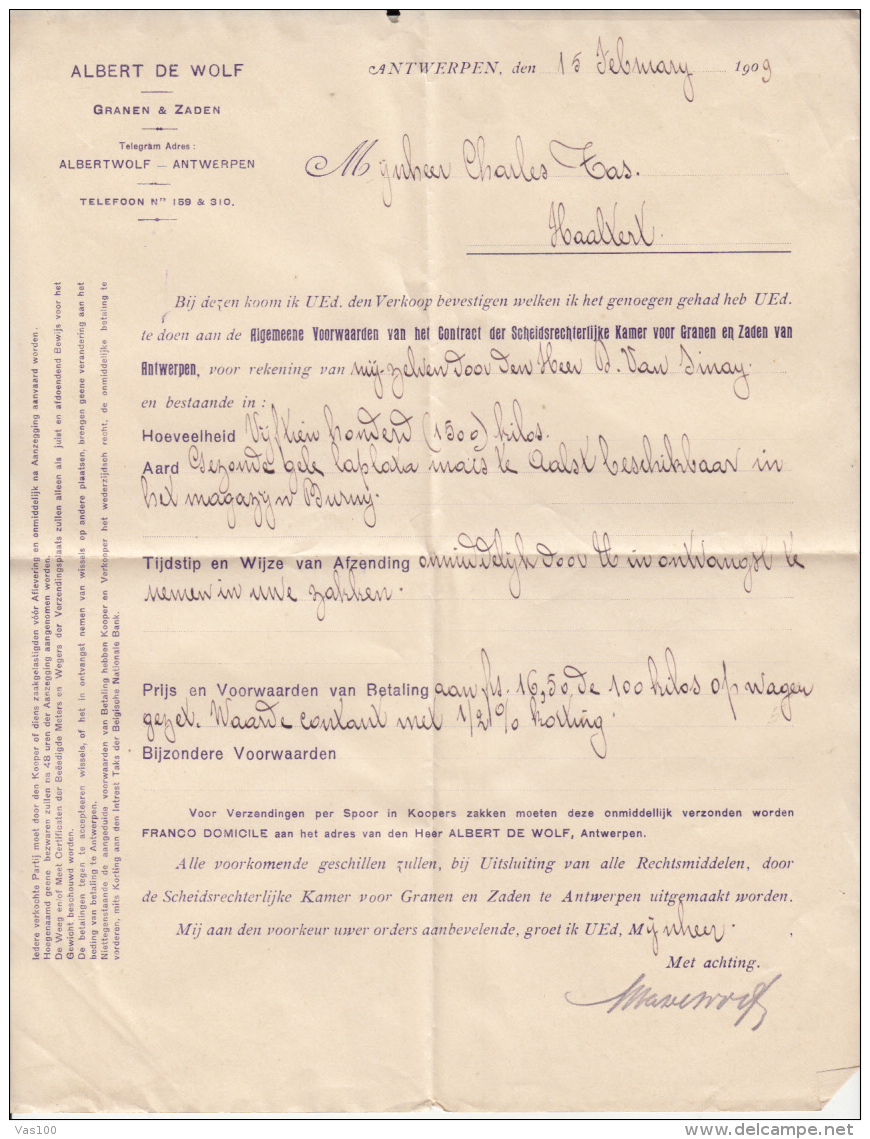 OFFICIAL LETTER FROM THE CHAMBER FOR GRAINS AND SEEDS-ANVERS, 1909, BELGIUM - Landbouw