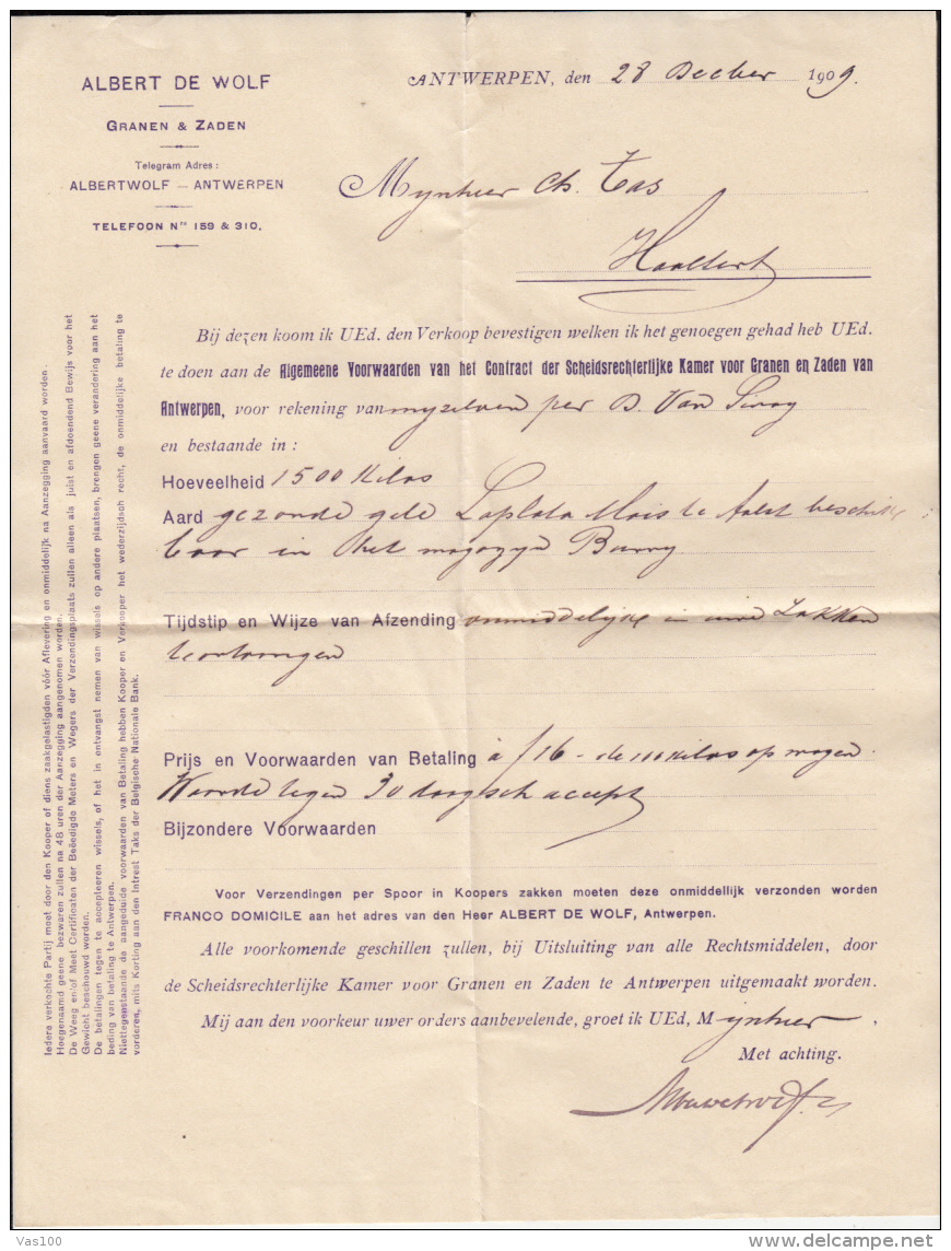 OFFICIAL LETTER FROM THE CHAMBER FOR GRAINS AND SEEDS-ANVERS, 1909, BELGIUM - Landbouw