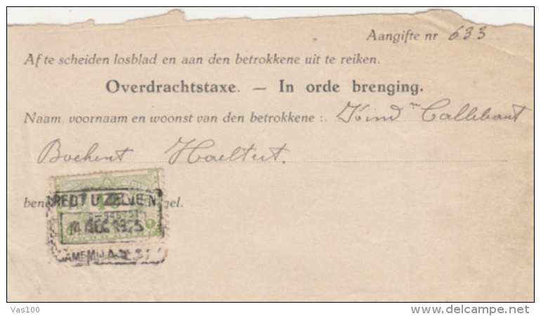 TRANSFER TAX, FOR PRODUCTION, REVENUE STAMP, 1925, BELGIUM - 1900 – 1949