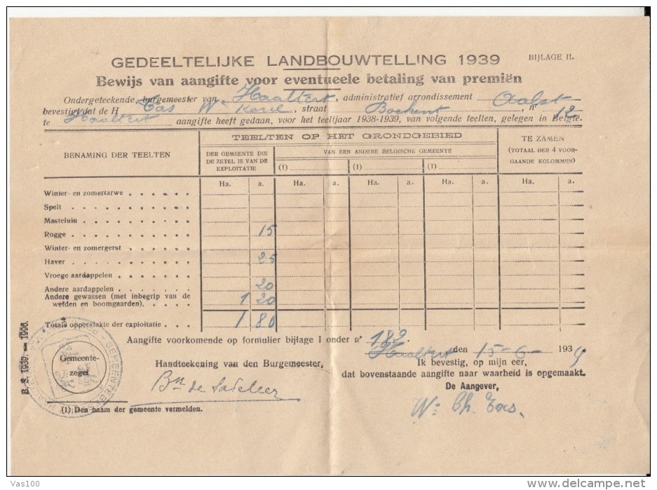 PARTIAL AGRICULTURAL CENSUS, SHEET, 1939, BELGIUM - Landwirtschaft