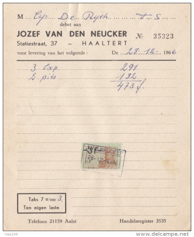 JOZEF VAN DEN NEUCKER COMPANY INVOICE, REVENUE STAMP, 1966, BELGIUM - 1950 - ...