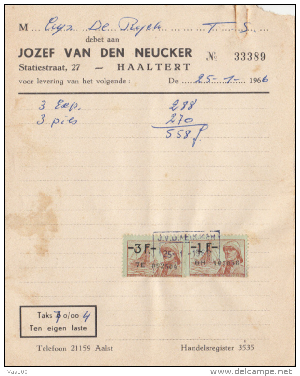 JOZEF VAN DEN NEUCKER COMPANY INVOICE, REVENUE STAMP, 1966, BELGIUM - 1950 - ...