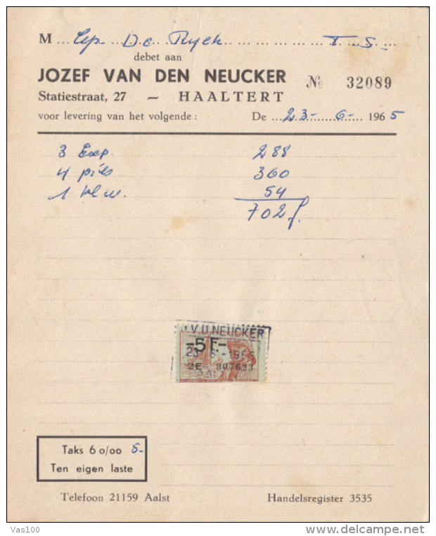 JOZEF VAN DEN NEUCKER COMPANY INVOICE, REVENUE STAMP, 1965, BELGIUM - 1950 - ...