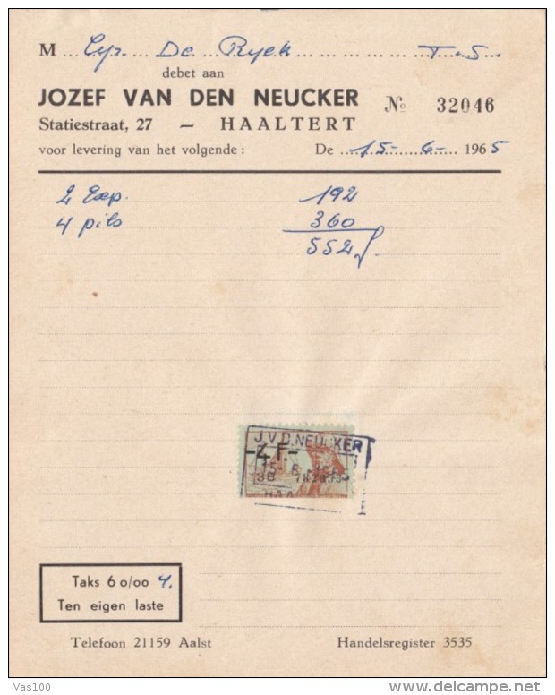 JOZEF VAN DEN NEUCKER COMPANY INVOICE, REVENUE STAMP, 1965, BELGIUM - 1950 - ...