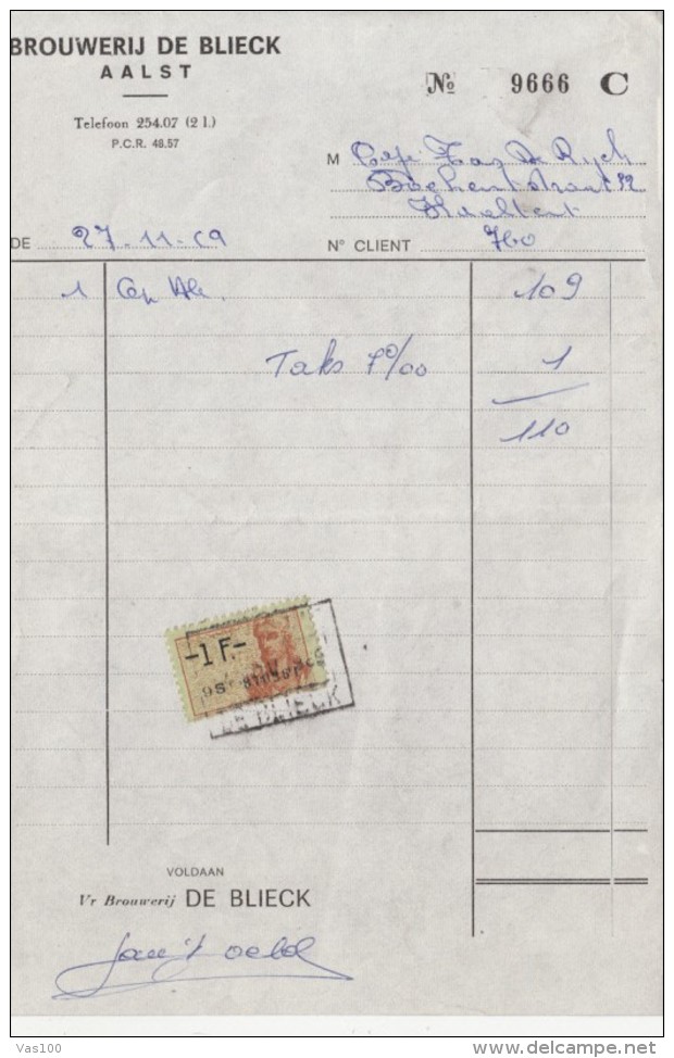 BROUWERIJ DE BLIECK COMPANY INVOICE, REVENUE STAMP, 1909, BELGIUM - 1900 – 1949