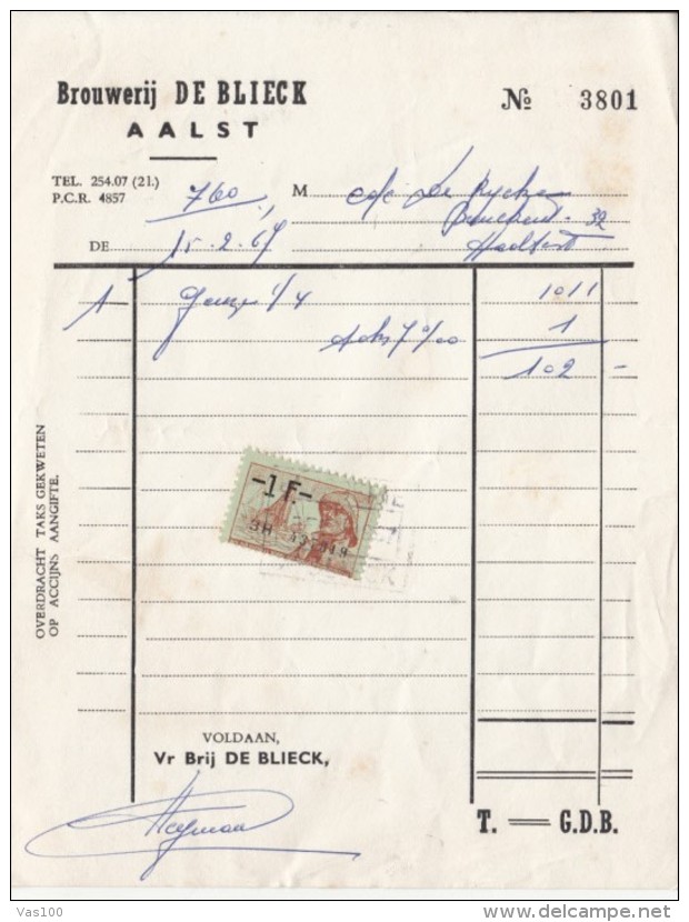 BROUWERIJ DE BLIECK COMPANY INVOICE, REVENUE STAMP, 1967, BELGIUM - 1950 - ...