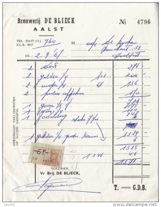 BROUWERIJ DE BLIECK COMPANY INVOICE, REVENUE STAMP, 1967, BELGIUM - 1950 - ...