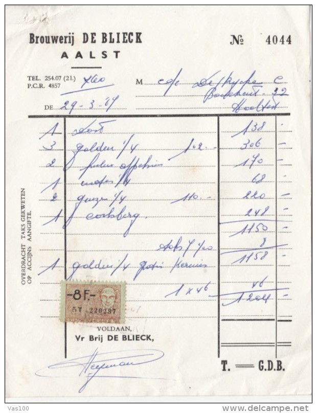 BROUWERIJ DE BLIECK COMPANY INVOICE, REVENUE STAMP, 1967, BELGIUM - 1950 - ...