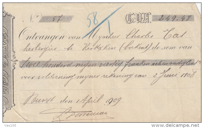 PROMISSORY NOTE, BANK, KING LEOPOLD II STAMPS, 1909, BELGIUM - Bank En Verzekering