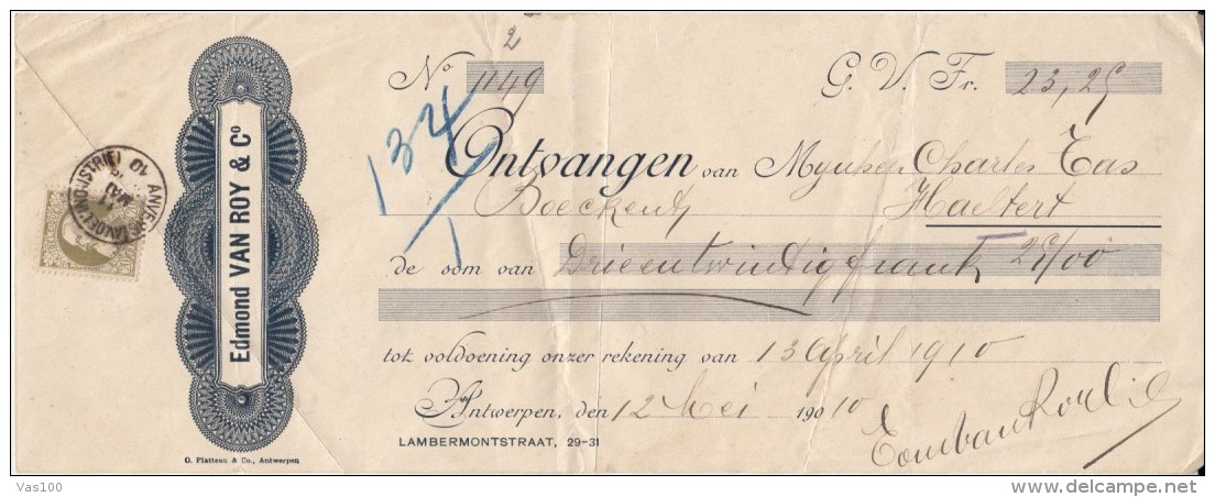 PROMISSORY NOTE, BANK, KING LEOPOLD II STAMPS, 1910, BELGIUM - Bank En Verzekering