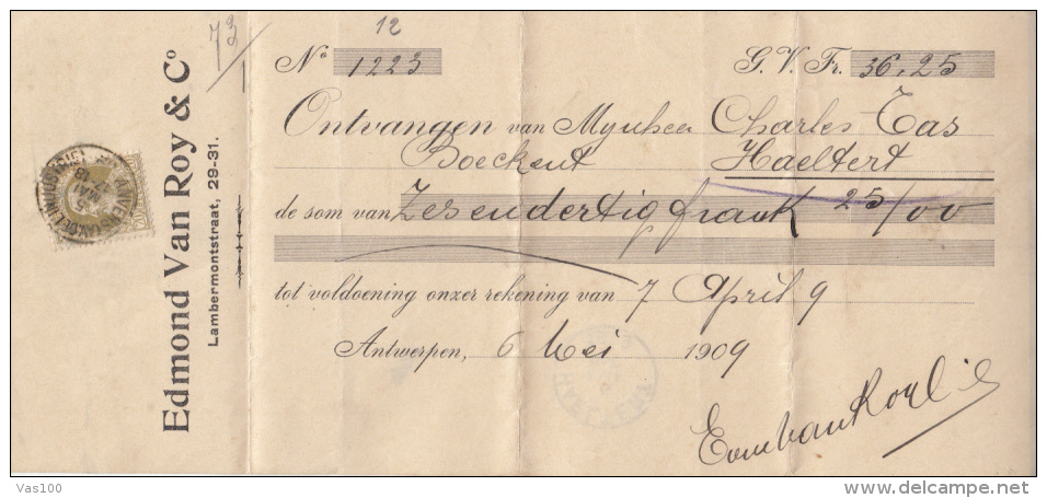 PROMISSORY NOTE, BANK, KING LEOPOLD II STAMPS, 1909, BELGIUM - Bank & Insurance