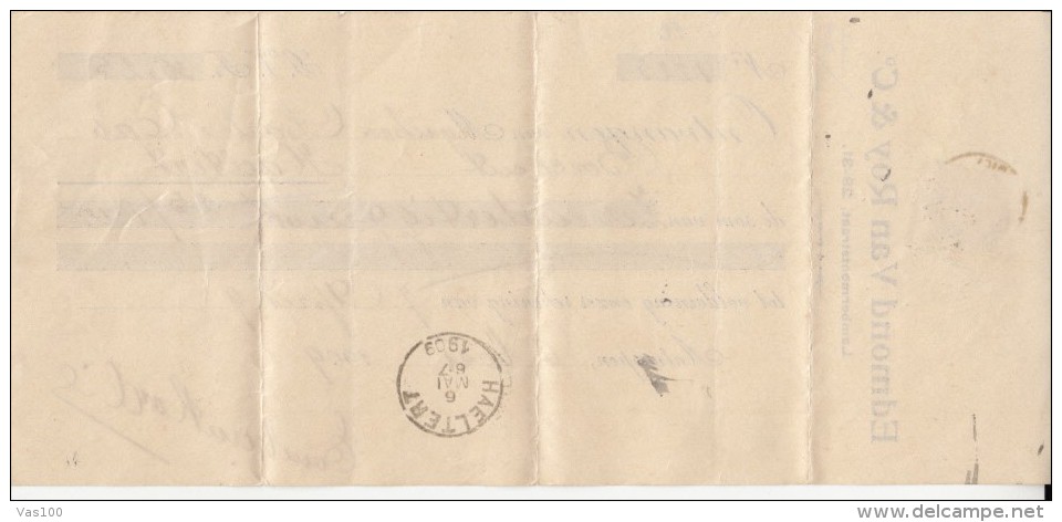 PROMISSORY NOTE, BANK, KING LEOPOLD II STAMPS, 1909, BELGIUM - Bank En Verzekering