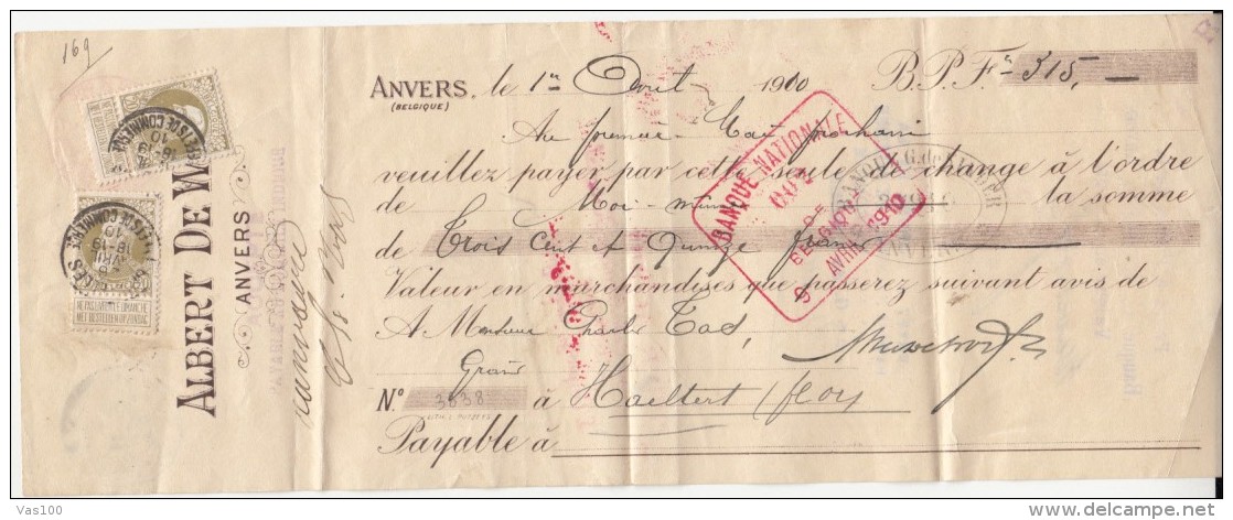 PROMISSORY NOTE, BANK, KING LEOPOLD II STAMPS, 1910, BELGIUM - Banque & Assurance