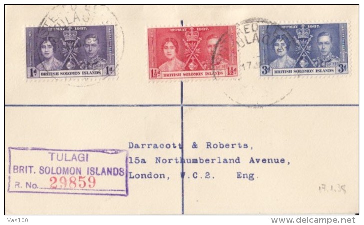 KING GEORGE VI AND QUEEN ELISABETH CORONATION, STAMPS ON REGISTERED COVER, 1938, BRITISH SOLOMON ISLANDS - Islas Salomón (...-1978)