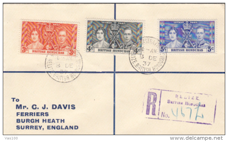 KING GEORGE VI AND QUEEN ELISABETH CORONATION, STAMPS ON REGISTERED COVER, 1937, BRITISH HONDURAS - British Honduras (...-1970)