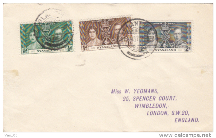 KING GEORGE VI AND QUEEN ELISABETH CORONATION, STAMPS ON COVER, 1937, NYASALAND - Nyassaland (1907-1953)