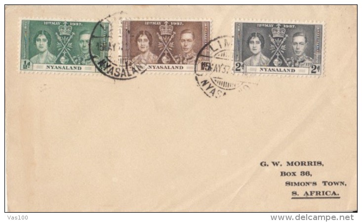 KING GEORGE VI AND QUEEN ELISABETH CORONATION, STAMPS ON COVER, 1937, NYASALAND - Nyassaland (1907-1953)