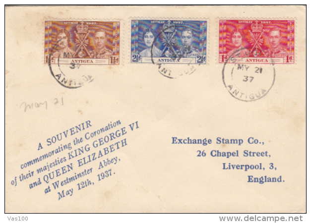 KING GEORGE VI AND QUEEN ELISABETH CORONATION, STAMPS ON COVER, 1937, ANTIGUA - 1858-1960 Kronenkolonie