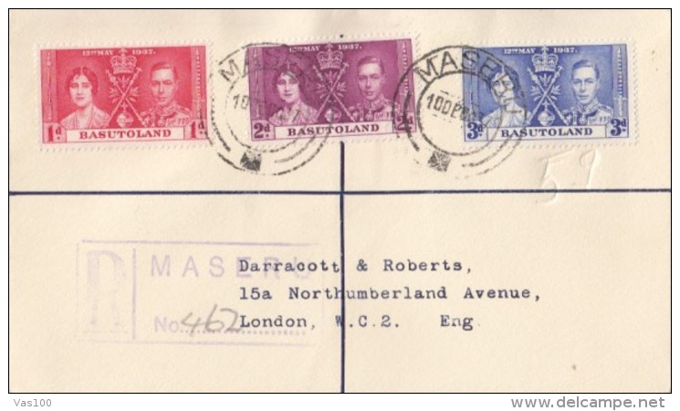 KING GEORGE VI AND QUEEN ELISABETH CORONATION, STAMPS ON REGISTERED COVER, 1937, BASUTOLAND - 1933-1964 Colonie Britannique