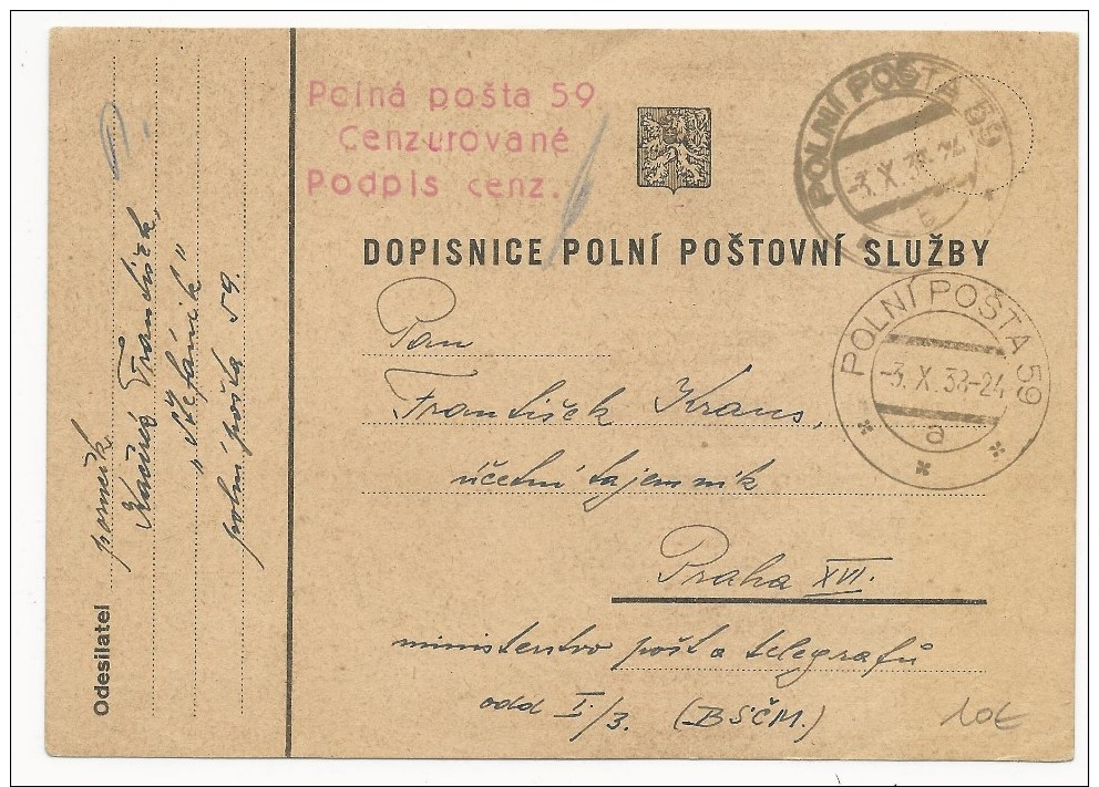 TCHECOSLOVAQUIE - 1938 - CARTE FM Avec CENSURE Du SP 59 Pour PRAGUE - Lettres & Documents