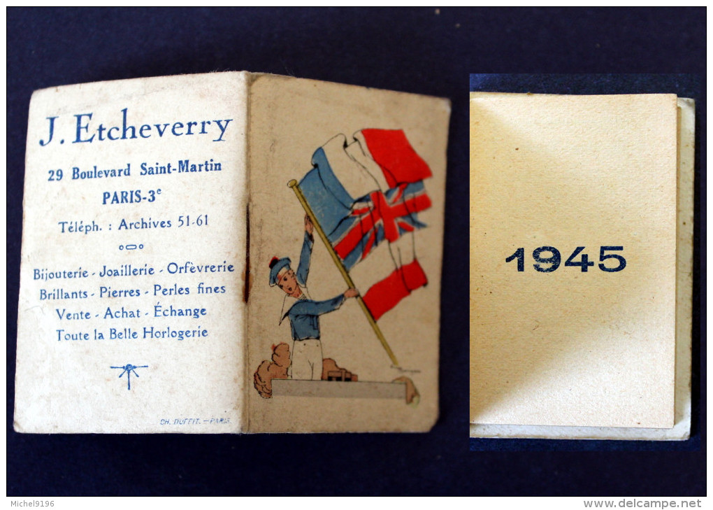 Calendrier  Bijou Publicitaire  1944 Bijouterie Etcheverry Bld St Martin à Paris - Petit Format : 1941-60