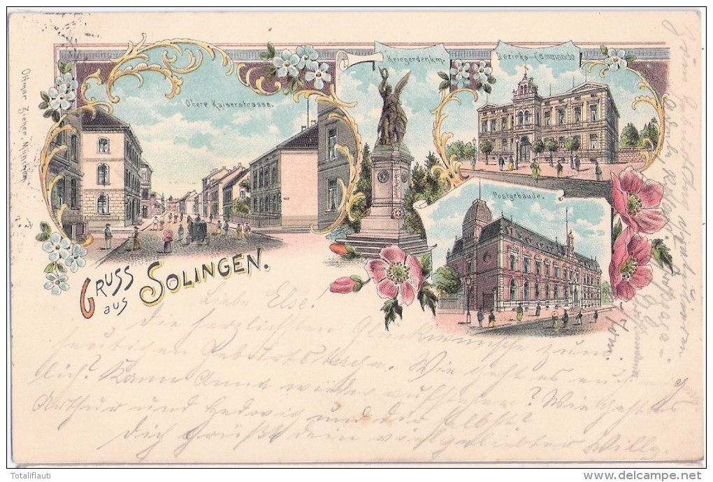 Gruss Aus SOLINGEN Color Litho Obere Kaiserstraße Bezirks Commando Post 23.6.1901 Gelaufen - Solingen