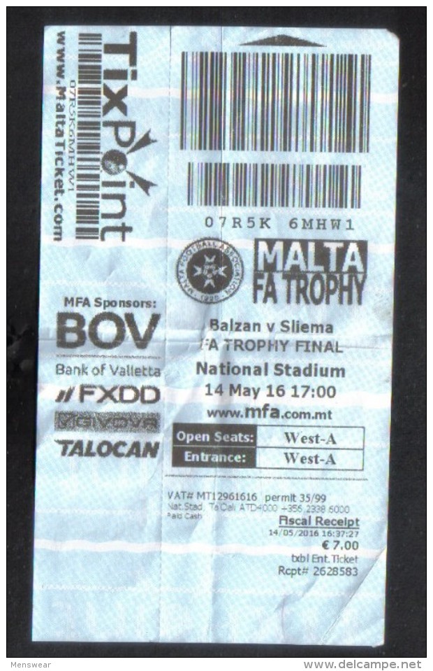 MALTA - FA TROPHY CUP FINAL  BALZAN Vs SLIEMA    MATCH TICKET - Match Tickets