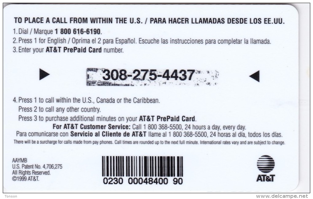 United States, USA-ATT-0035, AT&T Prepaid Card 4 Globes, 10 Blue Minutes, 1999, 2 Scans. - AT&T