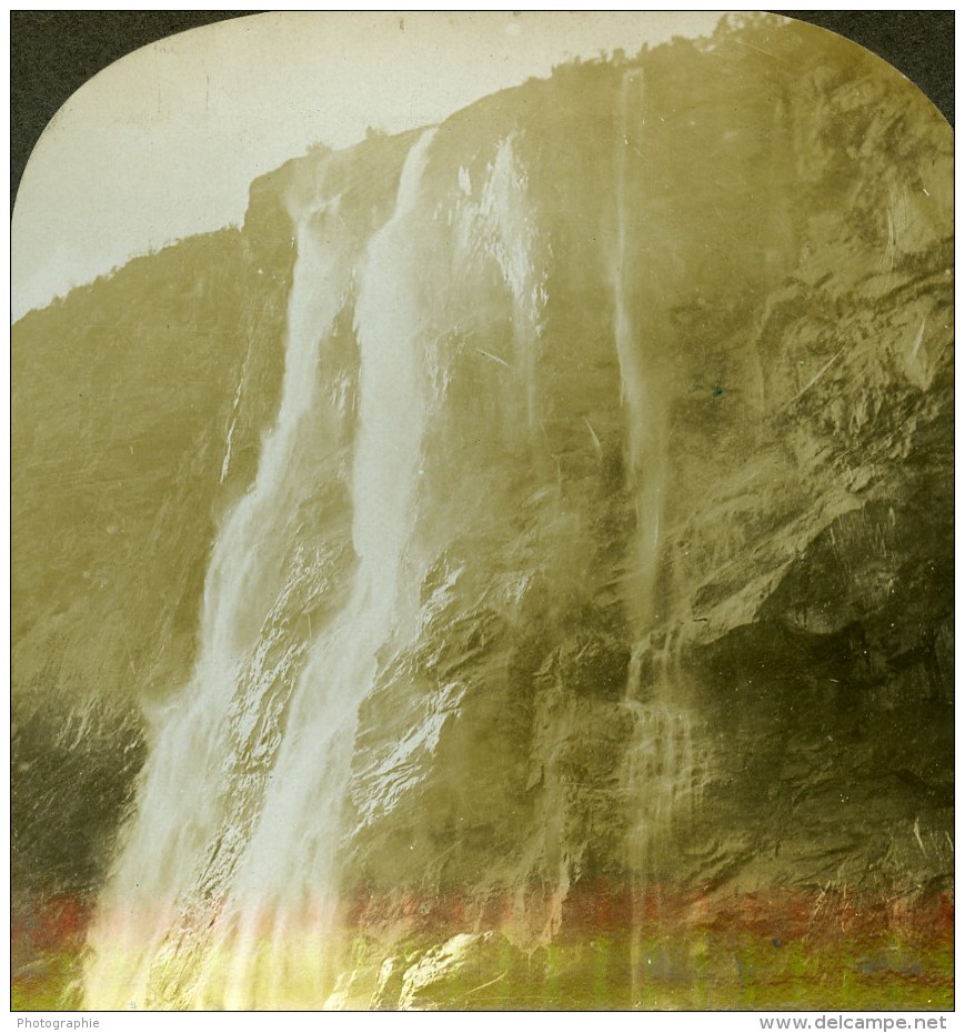 Norvege Fjord Geiranger Seven Sisters Chutes D Eau Ancienne Photo Stereoscope William Rau 1903 - Stereoscopic