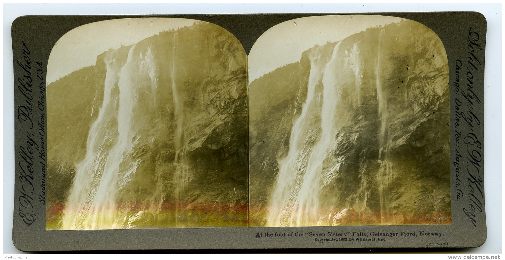 Norvege Fjord Geiranger Seven Sisters Chutes D Eau Ancienne Photo Stereoscope William Rau 1903 - Stereoscopic