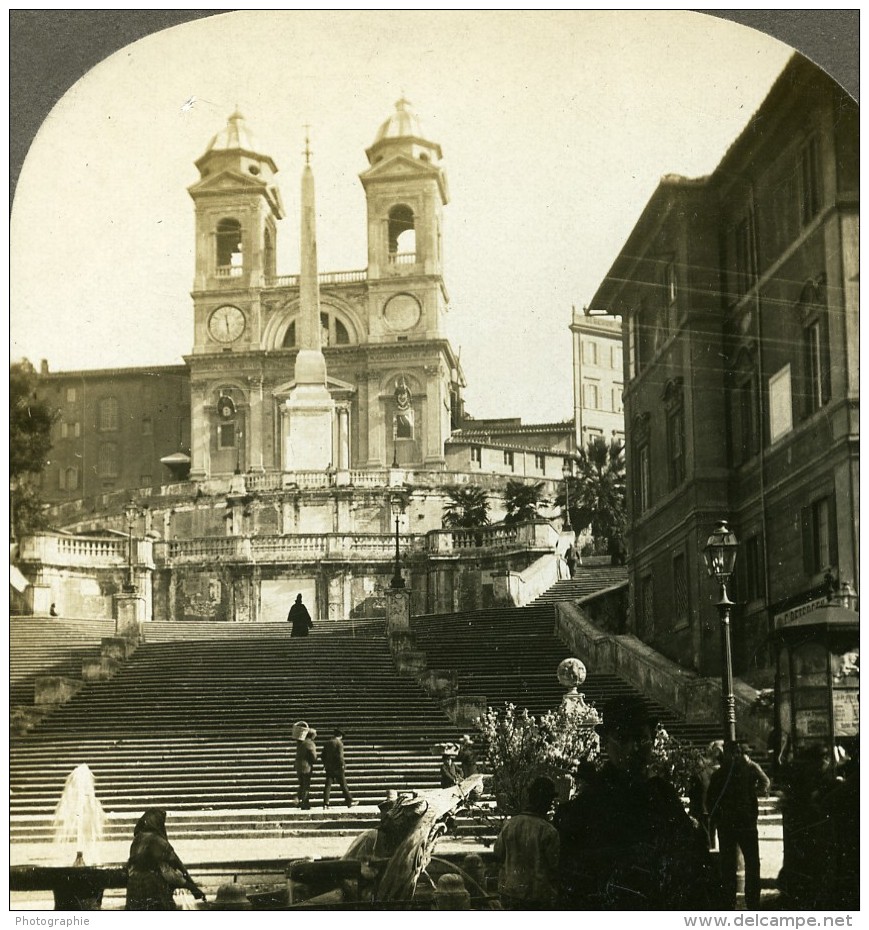 Italie Rome Eglise Trinité-des-Monts Place D'Espagne Escalier Ancienne Photo Stereoscope Kelley 1900 - Photos Stéréoscopiques