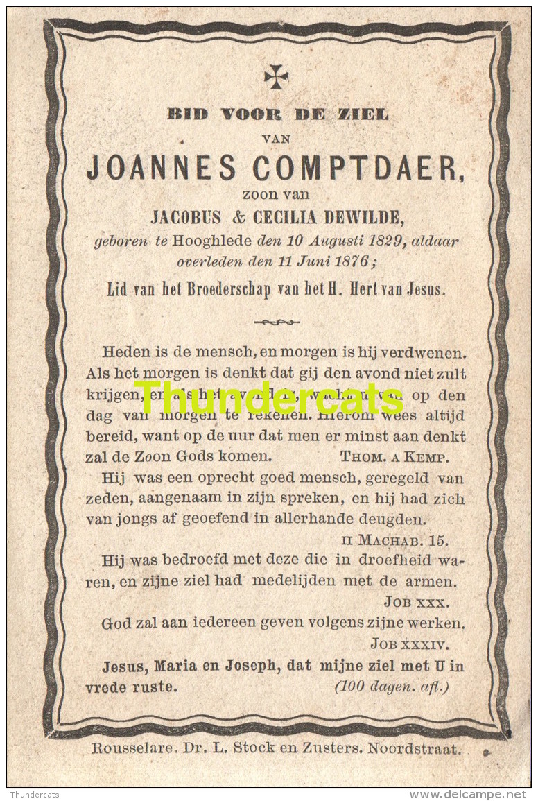 BIDPRENTJE JOANNES COMPTDAER JACOBUS CECILIA DEWILDE HOOGHLEDE 1829 1876 LITHO. ROUSSEALRE DR L STOCK - Hooglede