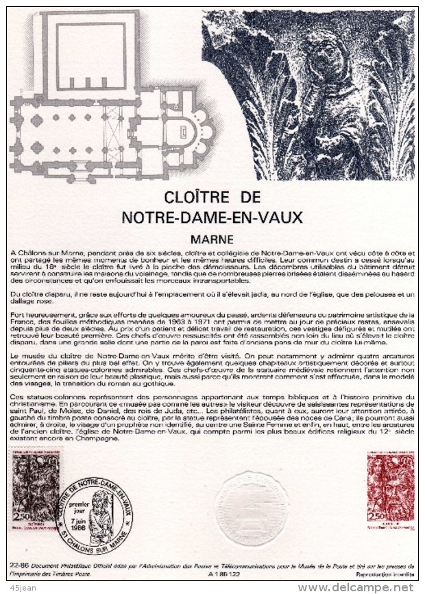 France 1986 Beau Document ( A4) Cloître De Notre-Dame-en-Vaux Marne Thème Religion - Abbayes & Monastères