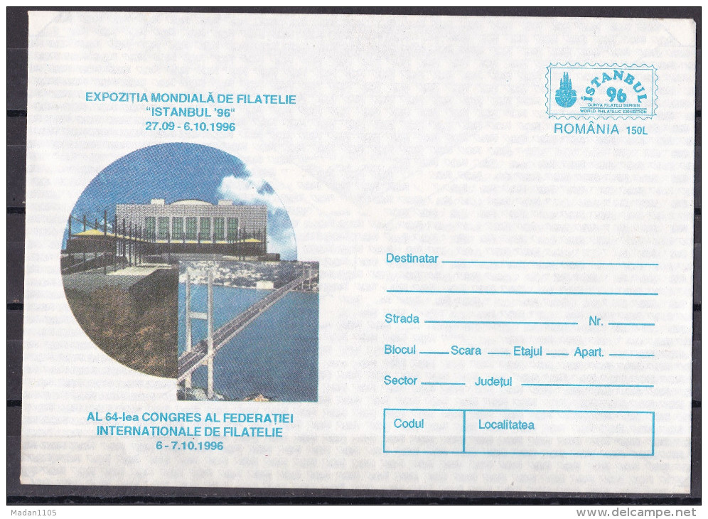 ROMANIA, 1996,World Philatelic Exhibition,  Istanbul 96, Special Stationery Cover, - Covers & Documents