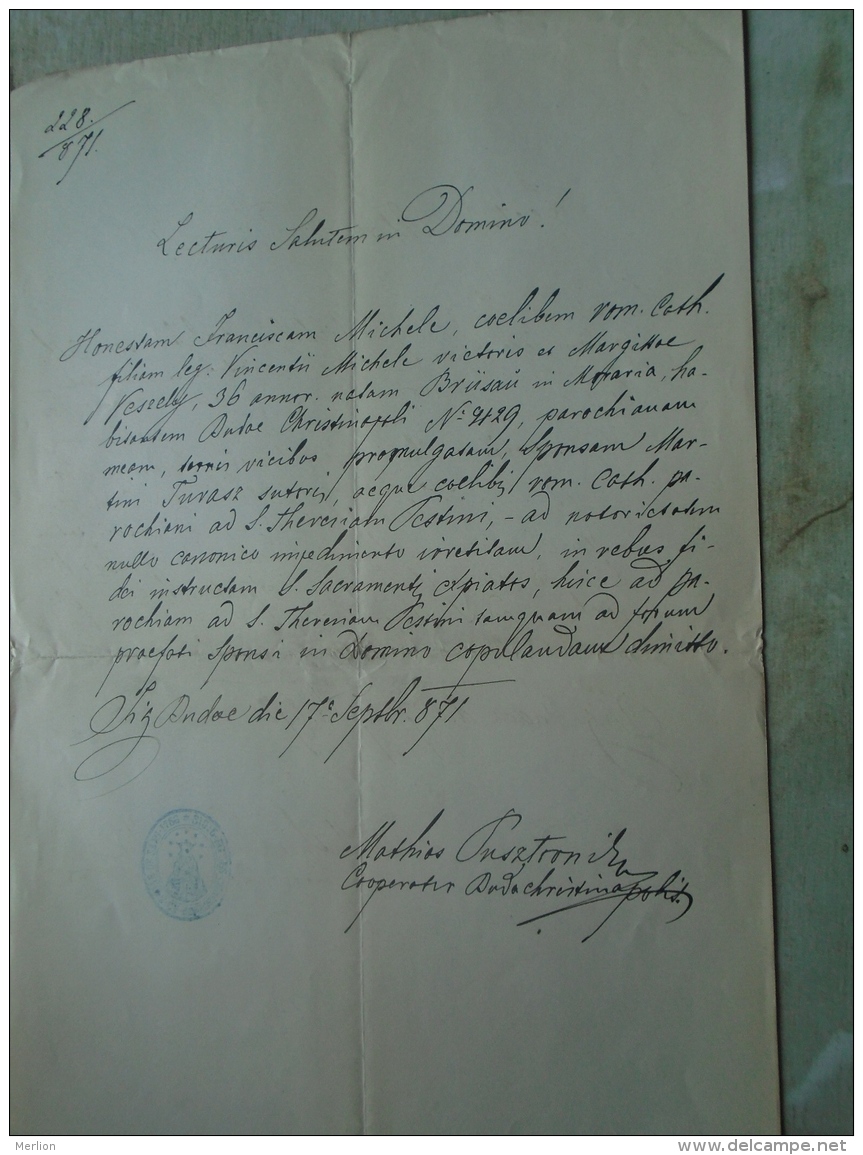 D137988.33 Old Document   Hungary -BRÜSAU -BREZOVA  Czech Rep. Moravia - Franciscus Michele - Tuvasz -1871 - Fiançailles